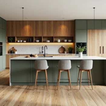 Nowoczesny zestaw kuchenny zielony mat z drewnianymi frontami i wyspą