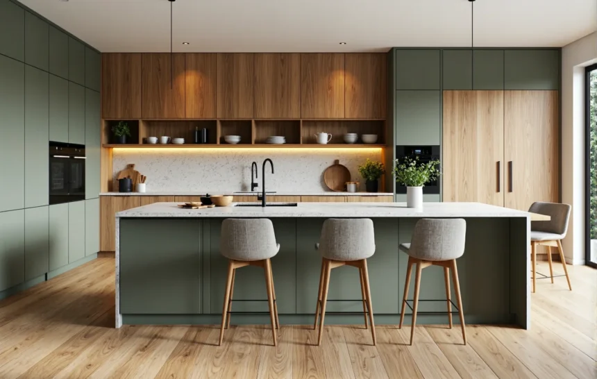 Nowoczesny zestaw kuchenny zielony mat z drewnianymi frontami i wyspą