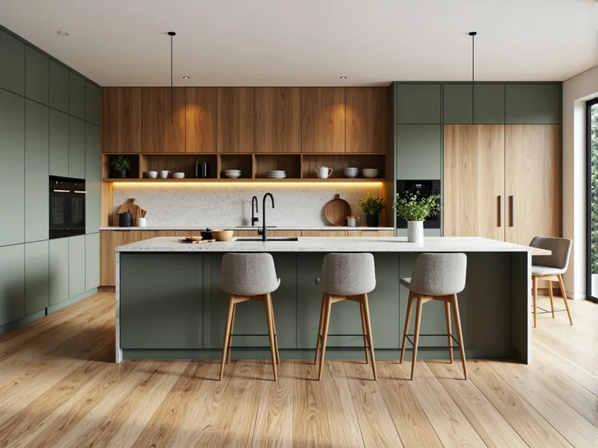 Nowoczesny zestaw kuchenny zielony mat z drewnianymi frontami i wyspą Nowoczesny zestaw kuchenny zielony mat z drewnianymi frontami i wyspą