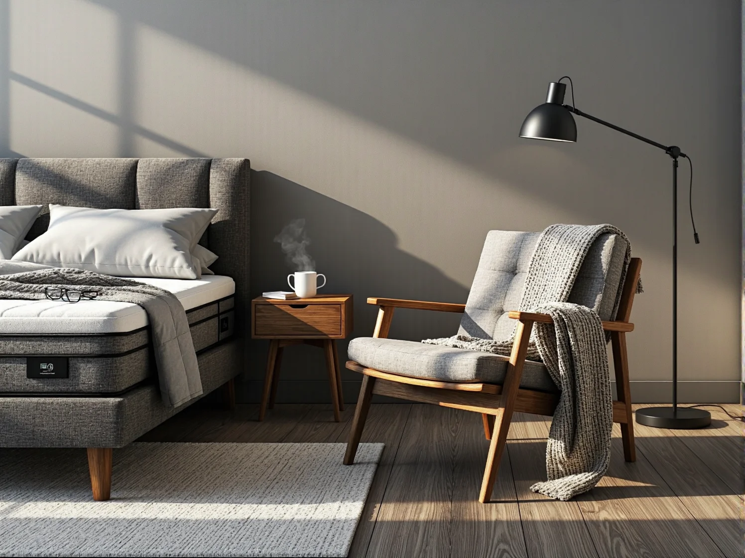 Para na łóżku testująca materac hybrydowy, który redukuje drgania i zapewnia komfort snu we dwoje