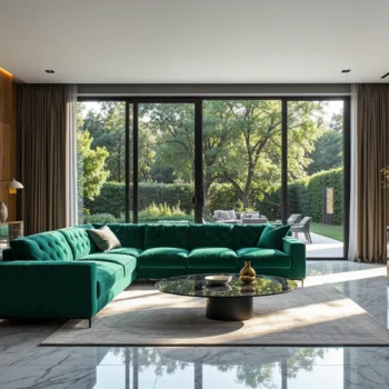 Elegancki narożnik glamour butelkowa zieleń z pikowanym oparciem