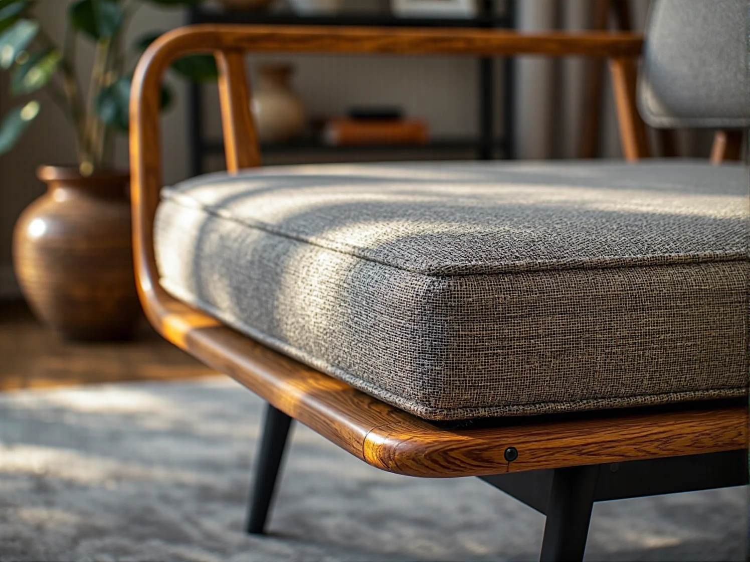 Narożnik na nóżkach w stylu lat 60. w otoczeniu roślin i geometrycznych wzorów