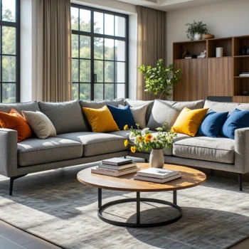 Narożnik szary z tkaniną hydrofobową na metalowych nóżkach