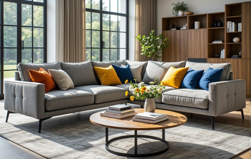 Narożnik szary z tkaniną hydrofobową na metalowych nóżkach