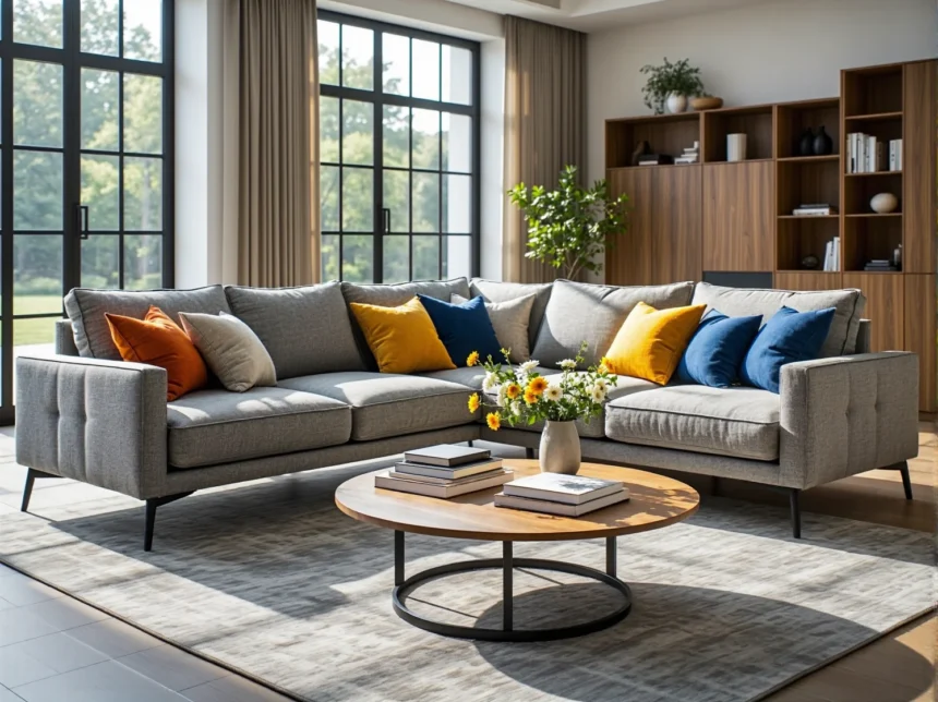 Narożnik szary z tkaniną hydrofobową na metalowych nóżkach Narożnik szary z tkaniną hydrofobową na metalowych nóżkach