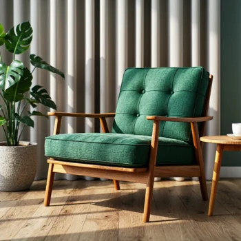 Fotel tapicerowany zielony z drewnianą ramą w stylu skandynawskim