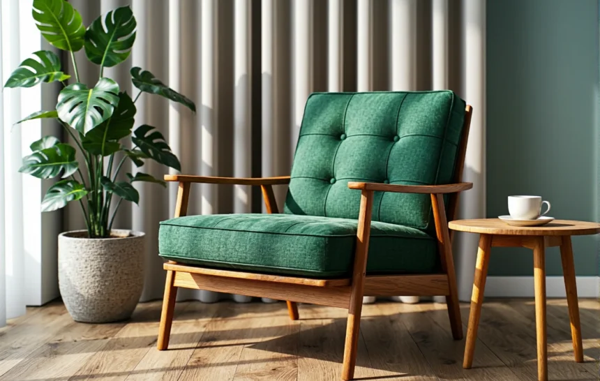 Fotel tapicerowany zielony z drewnianą ramą w stylu skandynawskim