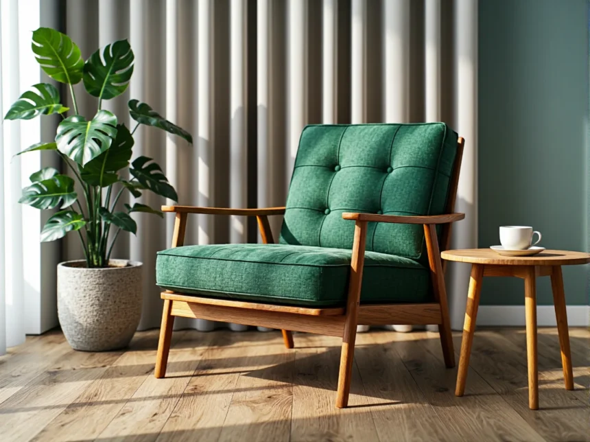 Fotel tapicerowany zielony z drewnianą ramą w stylu skandynawskim