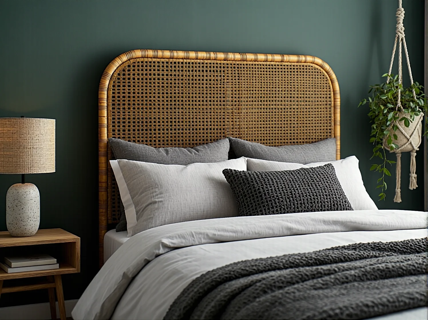 Naturalne materiały we wnętrzu: kamienna ściana, rattanowy fotel i lniane tkaniny