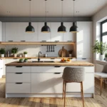 Białe meble kuchenne z drewnianym blatem i wyspą kuchenną