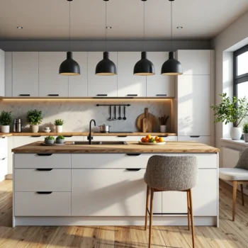 Białe meble kuchenne z drewnianym blatem i wyspą kuchenną
