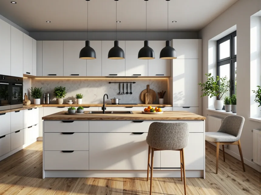 Białe meble kuchenne z drewnianym blatem i wyspą kuchenną
