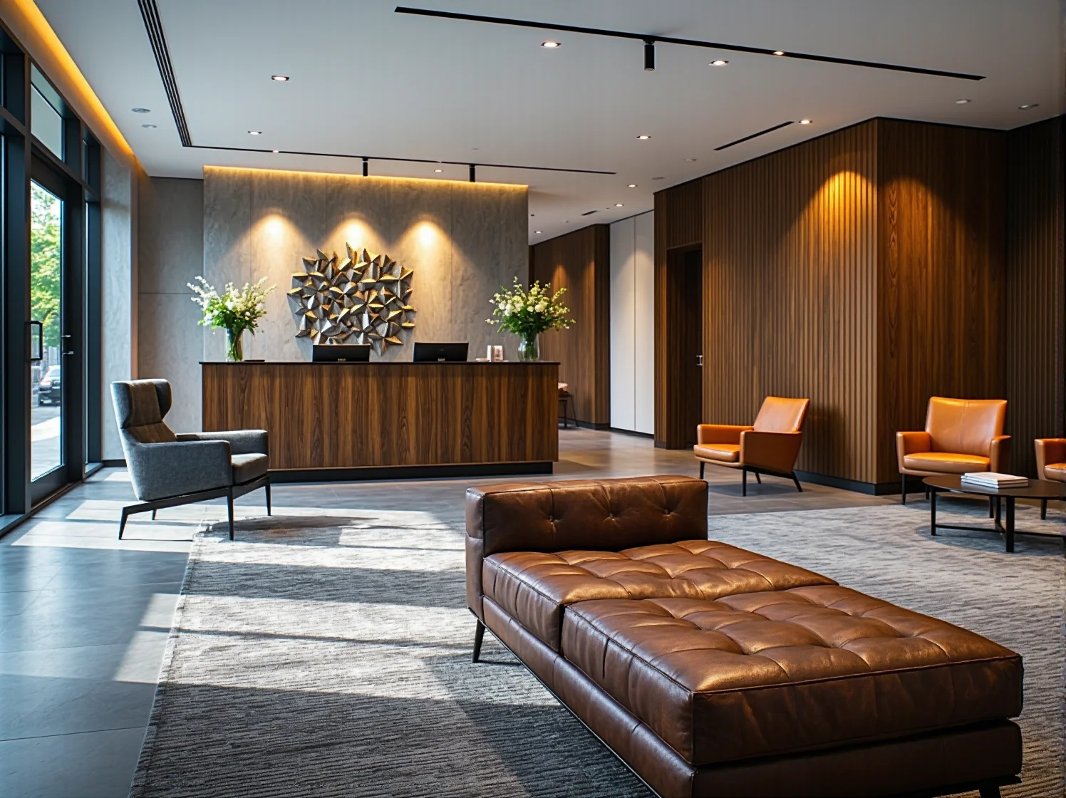 Elegancka recepcja w stylu loftowym z czarnymi stalowymi elementami i oświetleniem LED.