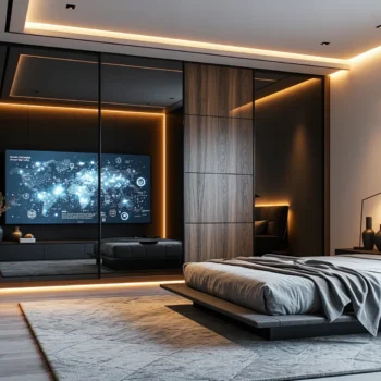 Szafa przesuwna antracyt dąb z wbudowanym ekranem i oświetleniem LED