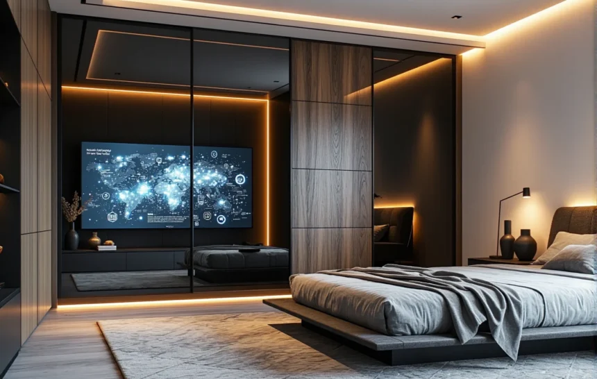 Szafa przesuwna antracyt dąb z wbudowanym ekranem i oświetleniem LED