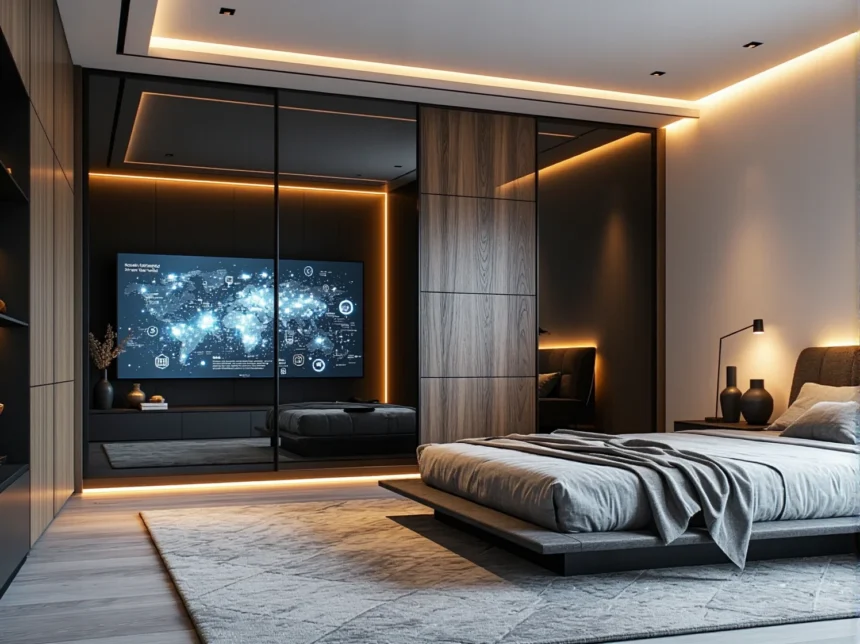 Szafa przesuwna antracyt dąb z wbudowanym ekranem i oświetleniem LED