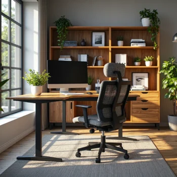 Biurko narożne dąb craft z metalową nogą i szufladami