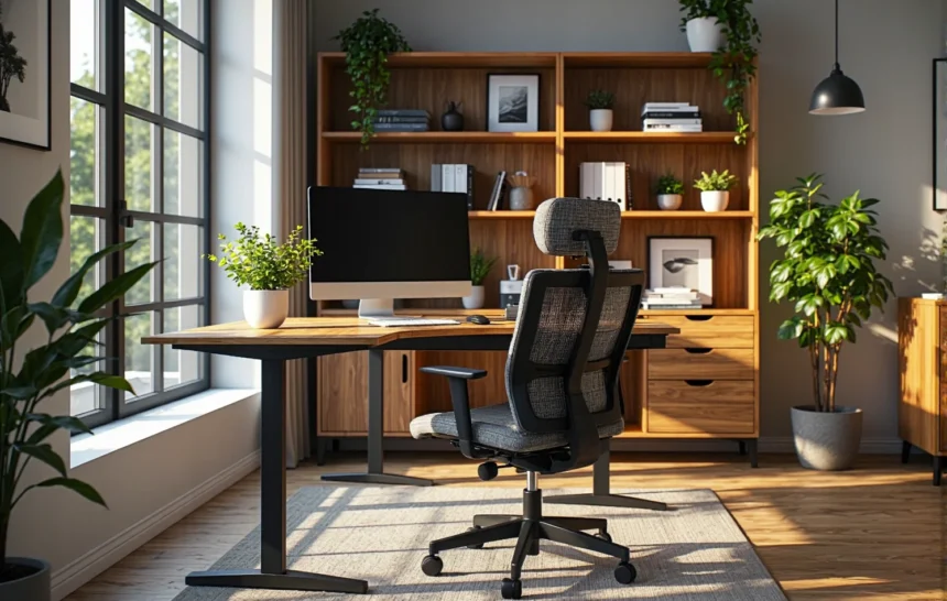 Biurko narożne dąb craft z metalową nogą i szufladami