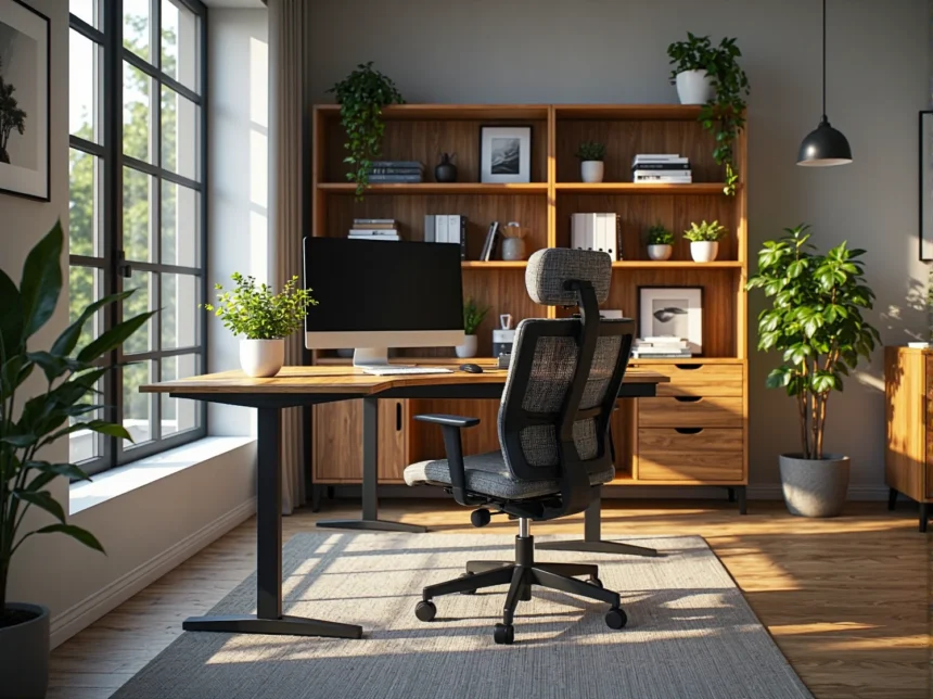 Biurko narożne dąb craft z metalową nogą i szufladami