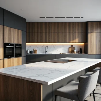 Nowoczesne meble kuchenne dąb z grafitowymi frontami i wyspą marmurową