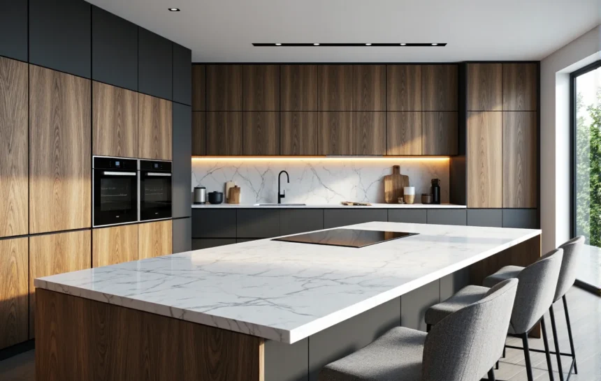 Nowoczesne meble kuchenne dąb z grafitowymi frontami i wyspą marmurową