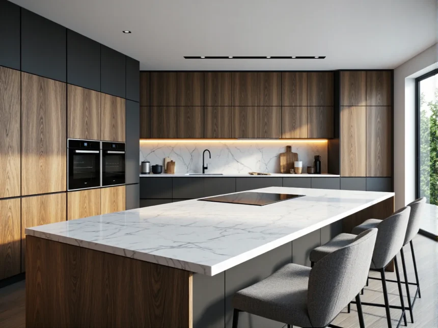 Nowoczesne meble kuchenne dąb z grafitowymi frontami i wyspą marmurową