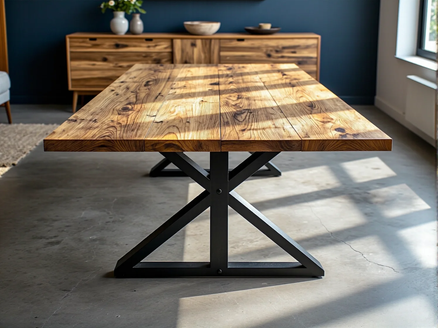 Nowoczesny stół z orzecha amerykańskiego na metalowych nogach w jadalni loft