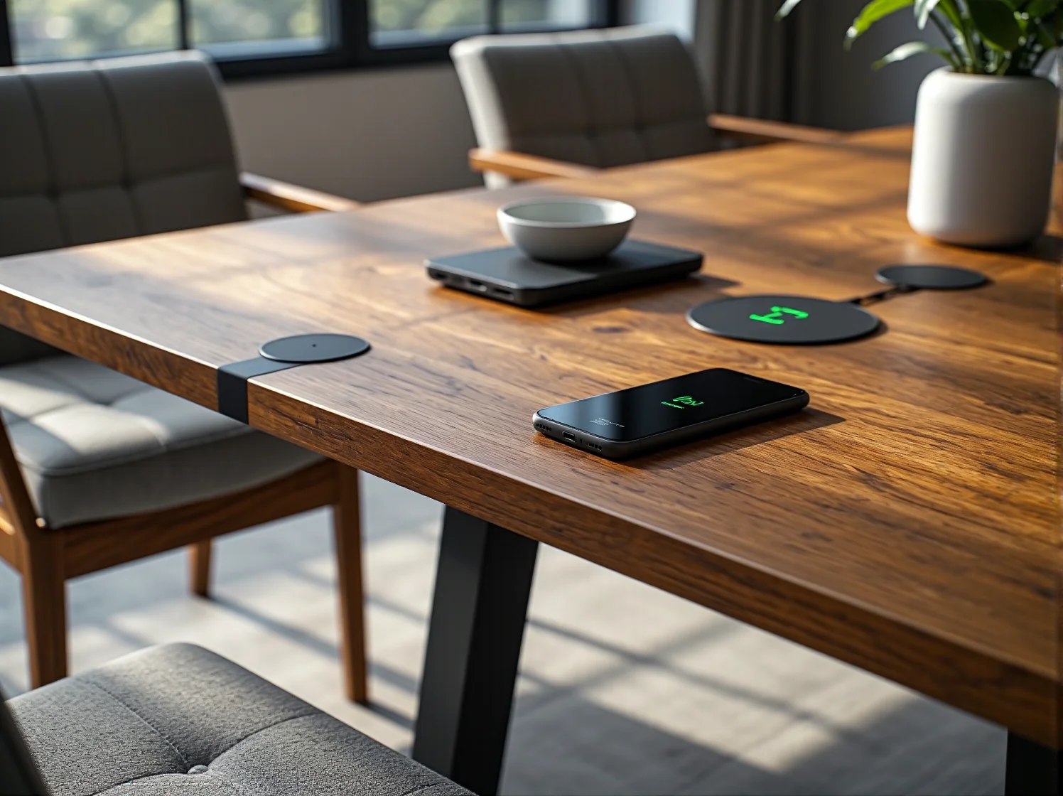 Elegancki stół jadalniany z ukrytymi głośnikami bluetooth i portami USB