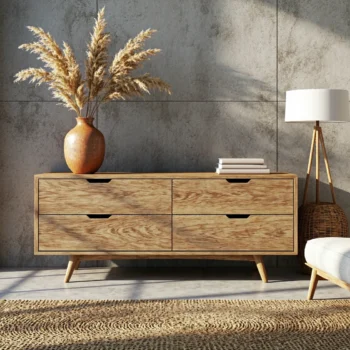 Niska komoda dębowa w stylu japandi z czterema szufladami