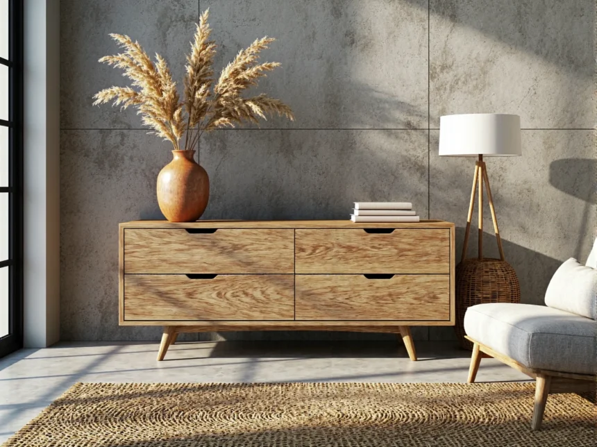 Niska komoda dębowa w stylu japandi z czterema szufladami