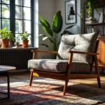 Fotel retro z drewnianym stelażem i szarą tapicerką