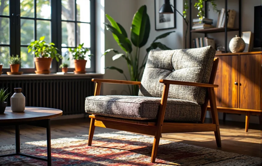 Fotel retro z drewnianym stelażem i szarą tapicerką