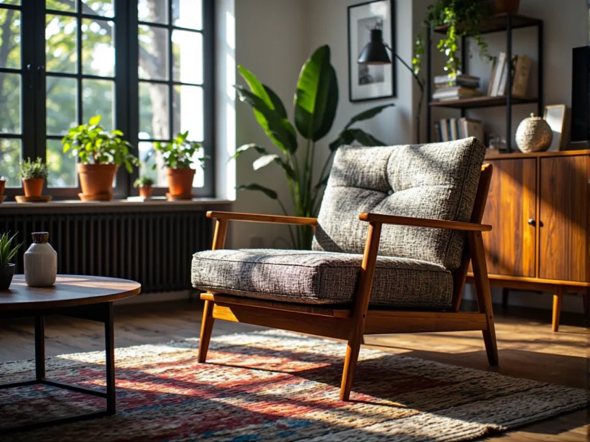 Fotel retro z drewnianym stelażem i szarą tapicerką Fotel retro z drewnianym stelażem i szarą tapicerką