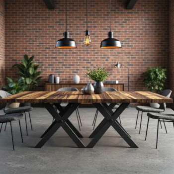Industrialny stół jadalniany z drewnianym blatem i metalowymi nogami X