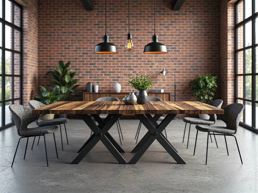 Industrialny stół jadalniany z drewnianym blatem i metalowymi nogami X