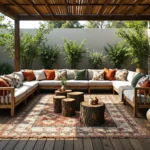 Drewniany narożnik ogrodowy z białymi poduszkami w stylu boho