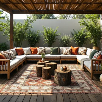 Drewniany narożnik ogrodowy z białymi poduszkami w stylu boho