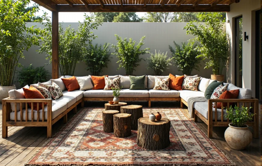 Drewniany narożnik ogrodowy z białymi poduszkami w stylu boho