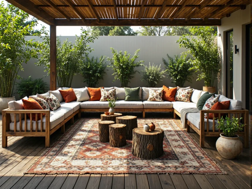 Drewniany narożnik ogrodowy z białymi poduszkami w stylu boho