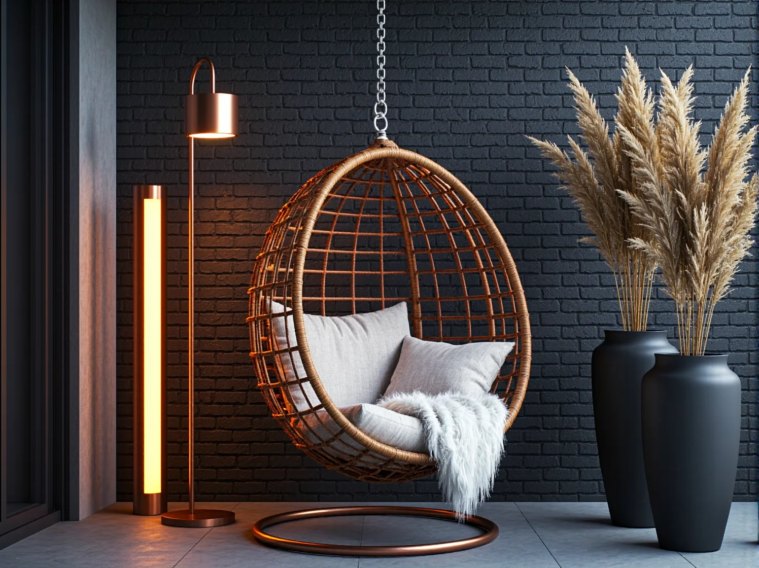 Nowoczesne lampy LED w odcieniu miedzi tworzące przytulny klimat na małym balkonie.