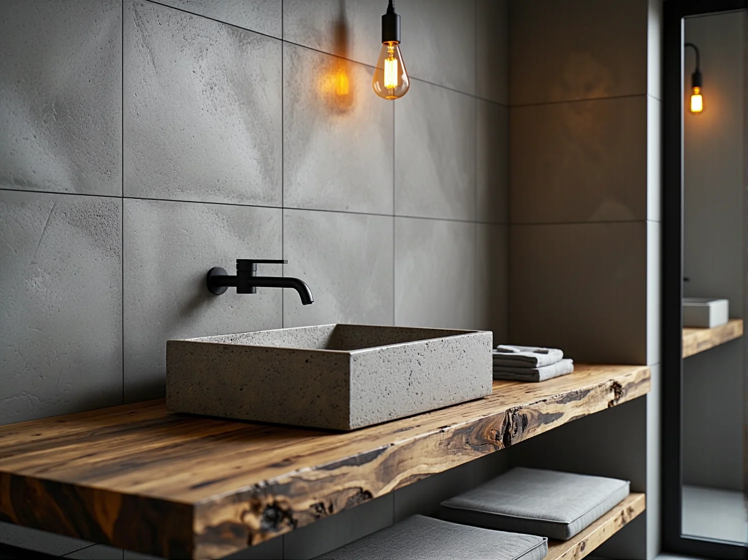 Czarne lampy loftowe nad okrągłym lustrem w małej łazience z surową cegłą i drewnianym blatem.