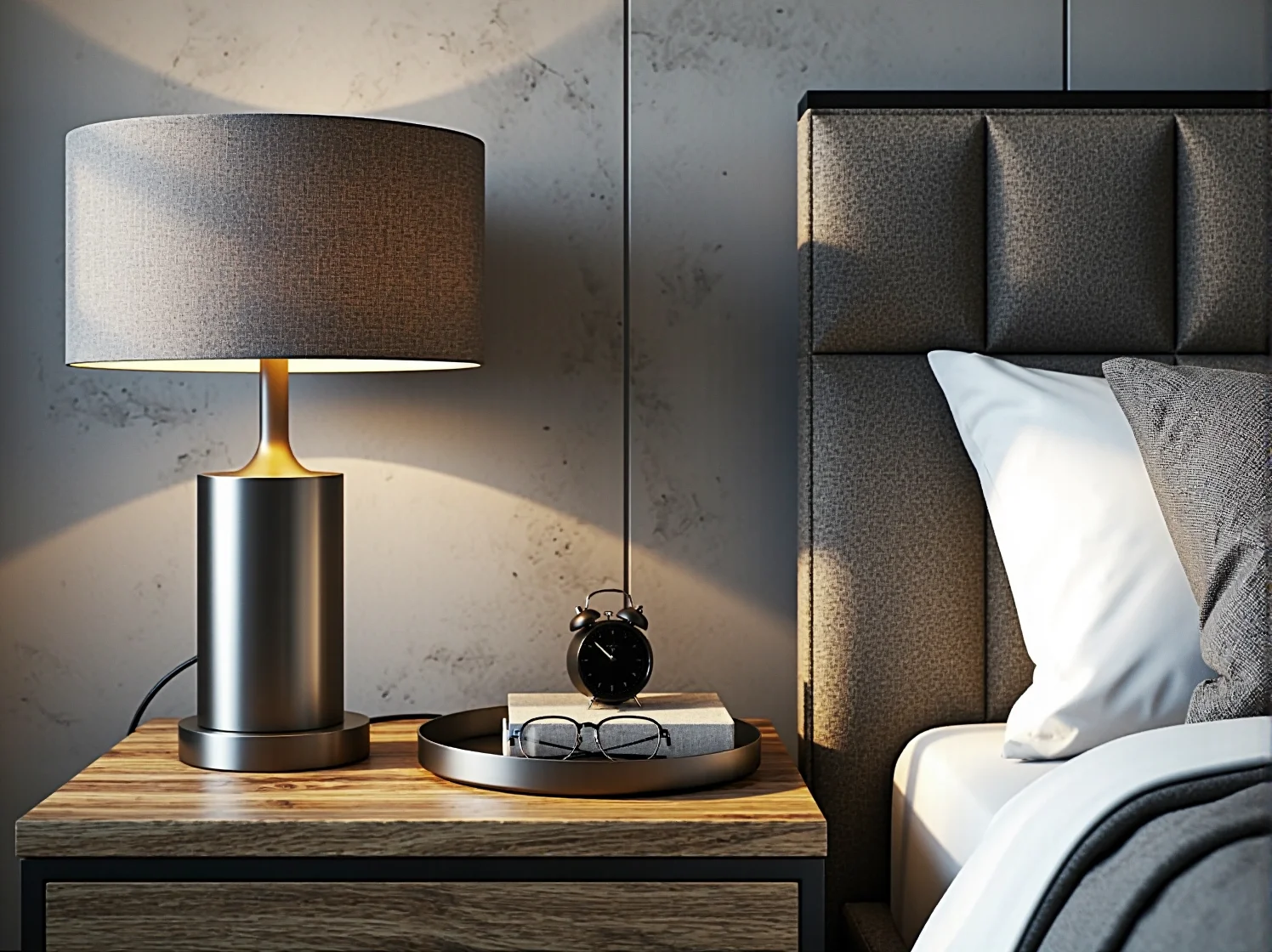 Oświetlenie loftowe w sypialni – wiszące żarówki Edisona na tle surowego betonu architektonicznego