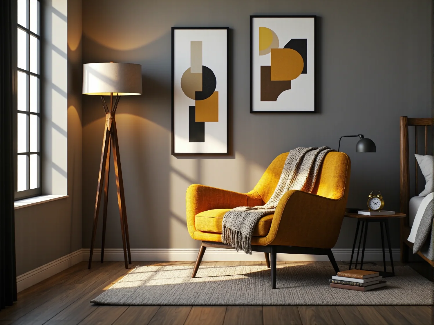 Stylowa lampa stojąca z abażurem i drewniane radio na komodzie