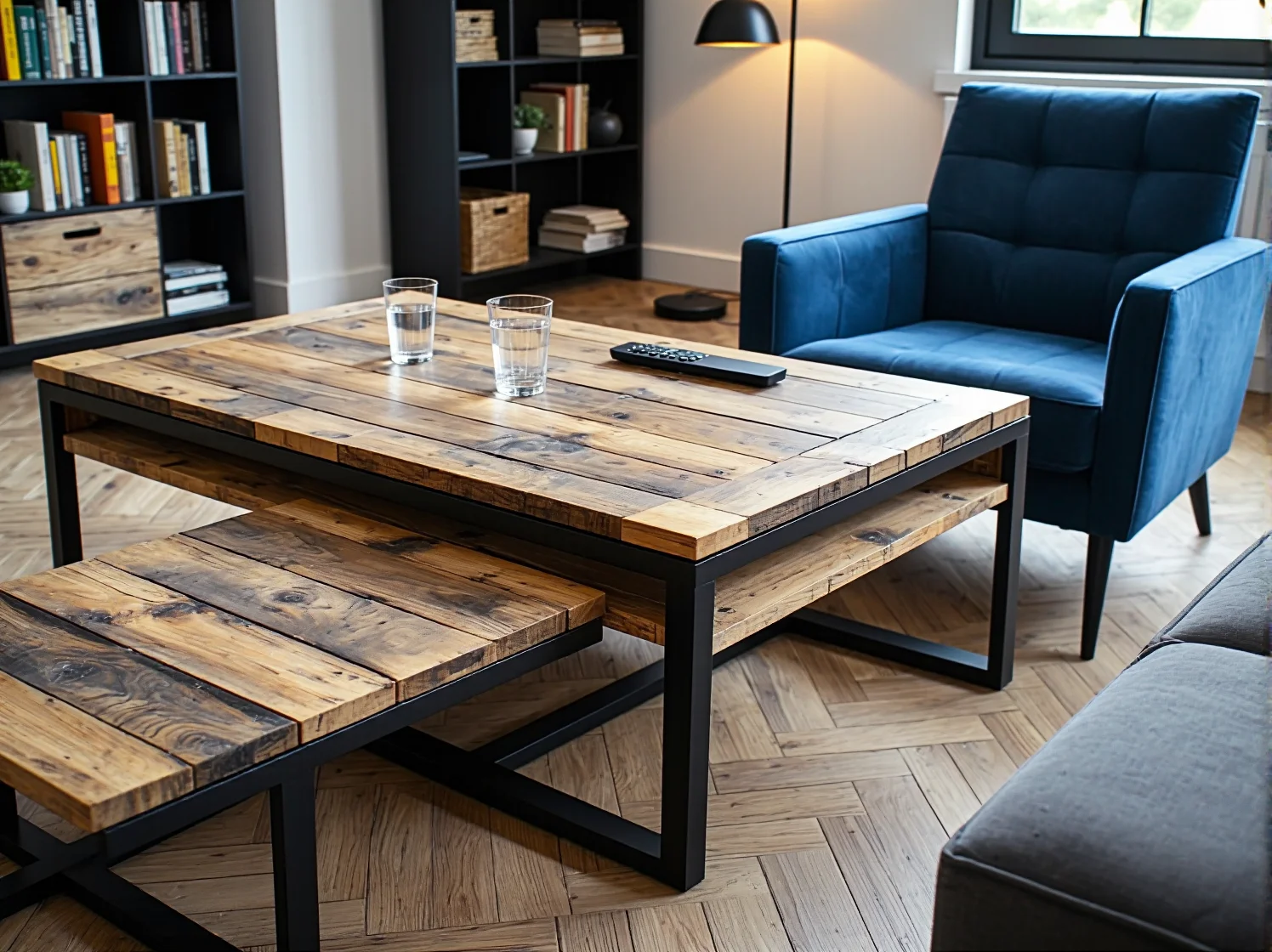 Złożony stół modułowy zajmujący mało miejsca w jadalni, przykład sprytnej aranżacji