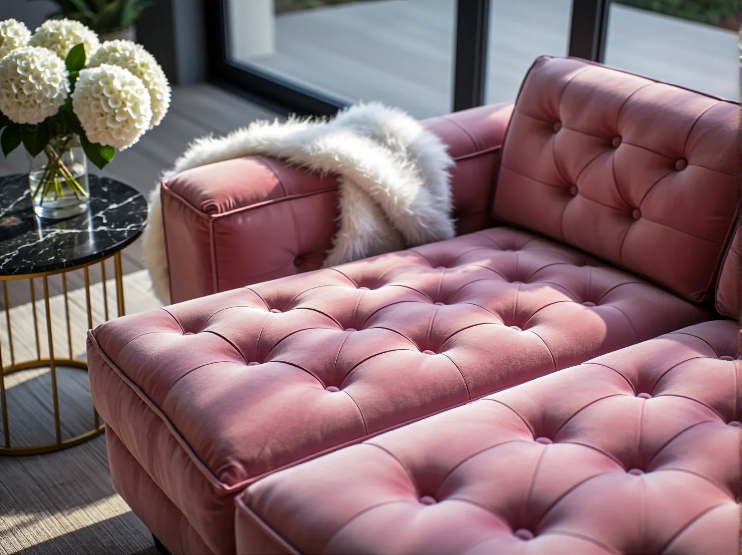 Pikowany narożnik na złotych nóżkach w luksusowym salonie z wyjściem na ogród.