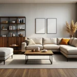 Regał orzechowy z metalową ramą i zamkniętymi szafkami