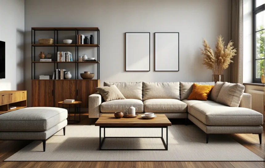 Regał orzechowy z metalową ramą i zamkniętymi szafkami