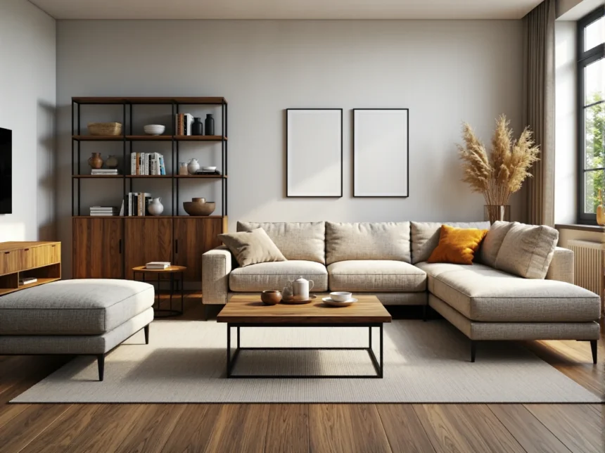 Regał orzechowy z metalową ramą i zamkniętymi szafkami