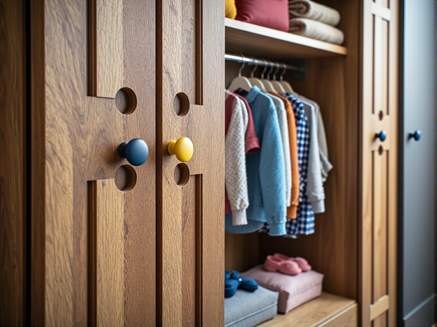 Funkcjonalne wnętrze szafy do pokoju dziecka z regulowanymi półkami i szufladami