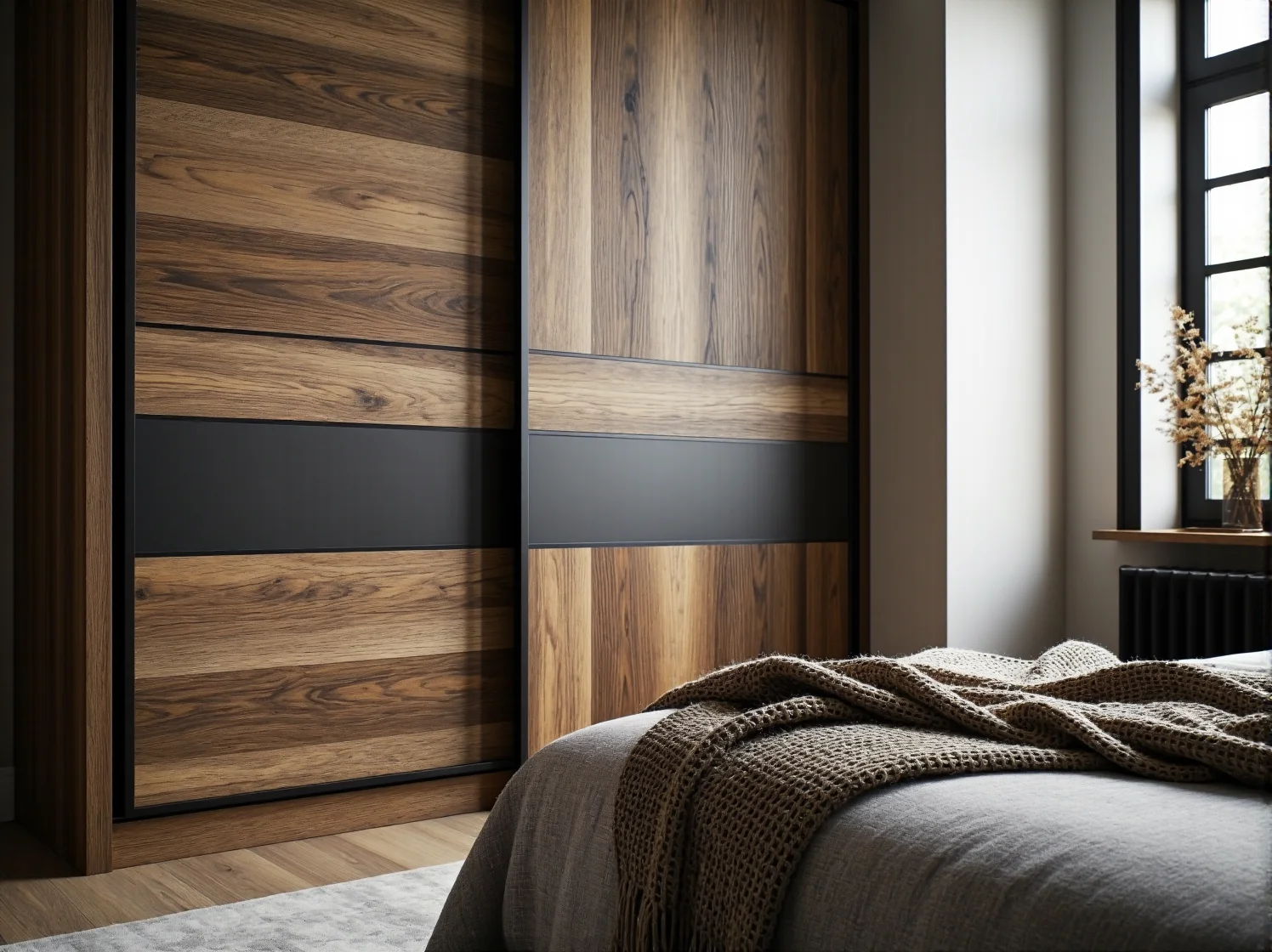 Duża szafa przesuwna dąb sonoma i biel, funkcjonalna aranżacja skandynawska w sypialni.